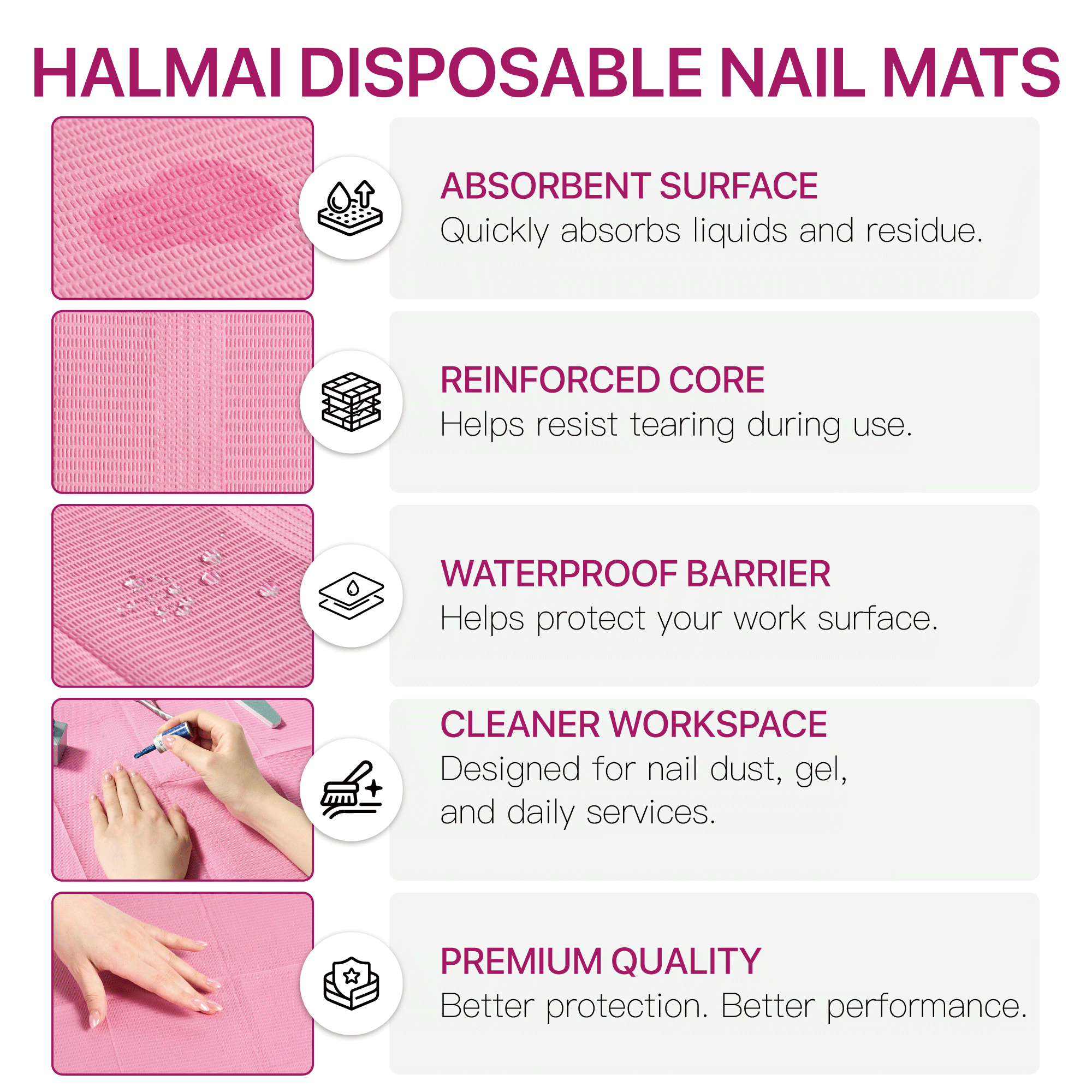Alfombrillas desechables para manicura HALMAI – 50 unidades de almohadillas protectoras de color rosa para la mesa de manicura